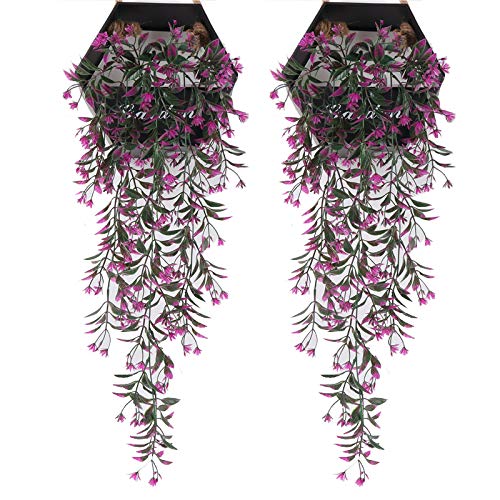 Eyand 2Pcs Artificial Hanging Plants - Rose Red Artificial wall plants, Fake Ivy Vine for Wall Home Porch Garden Wedding Garland Outside Hanging Decoration (No Basket)