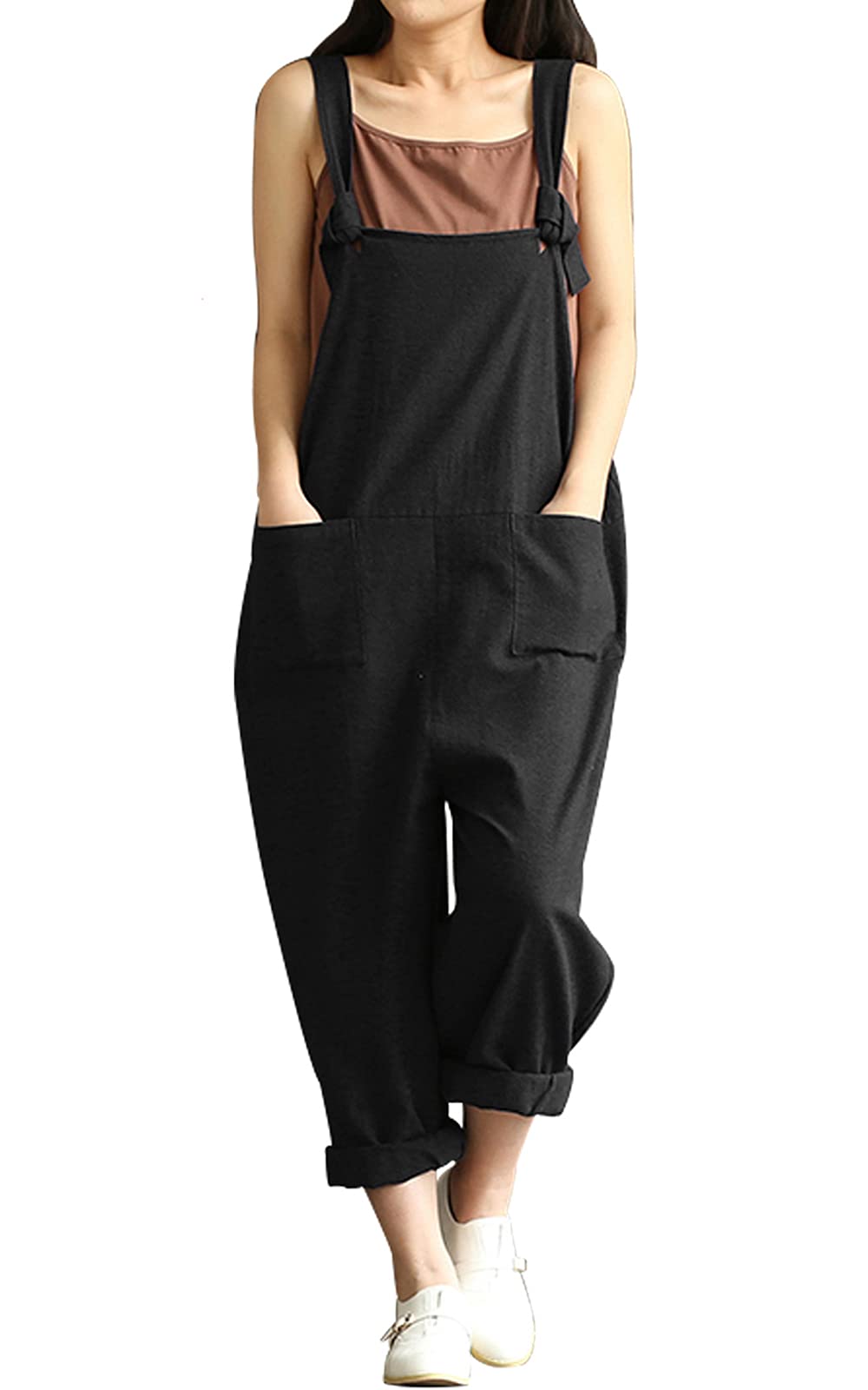 Photo 1 of *large* Lncropo Women Large Plus Size Baggy Linen Overalls Casual Wide Leg Pants Sleeveless Rompers Jumpsuit Vintage Haren Pants ?Black L?