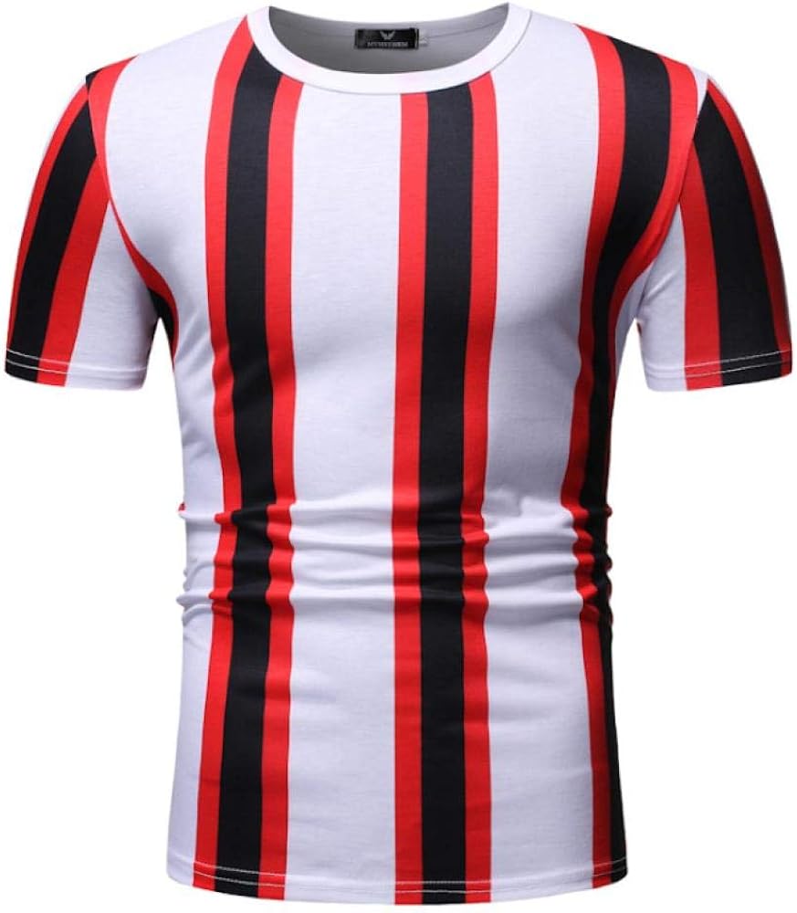 T Shirts，Men's Fashion Vertical Stripes Versatile Casual Black Red and