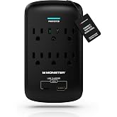 Monster 6 Outlet Wall Plug Surge Protector, 1200 Joules, Wall-Mounted Outlet Extender with 1 USB-A &amp; 1 USB-C Charging Ports, Fireproof MOV, ETL Listed, Dual Mode Wall Tap, Black