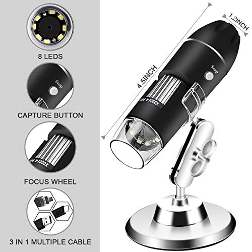 Digital USB Microscope 40X to 1000X, 8 LED Magnification Mini Handheld Endoscope Camera with Stand, Compatible with Windows 7 8 10 Android Mac Linux