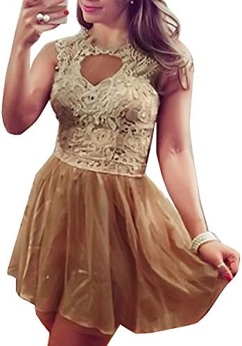 Sunnyfair Women Gold Floral Lace patchwork Organza Amazing A-Line Dress Gold XL