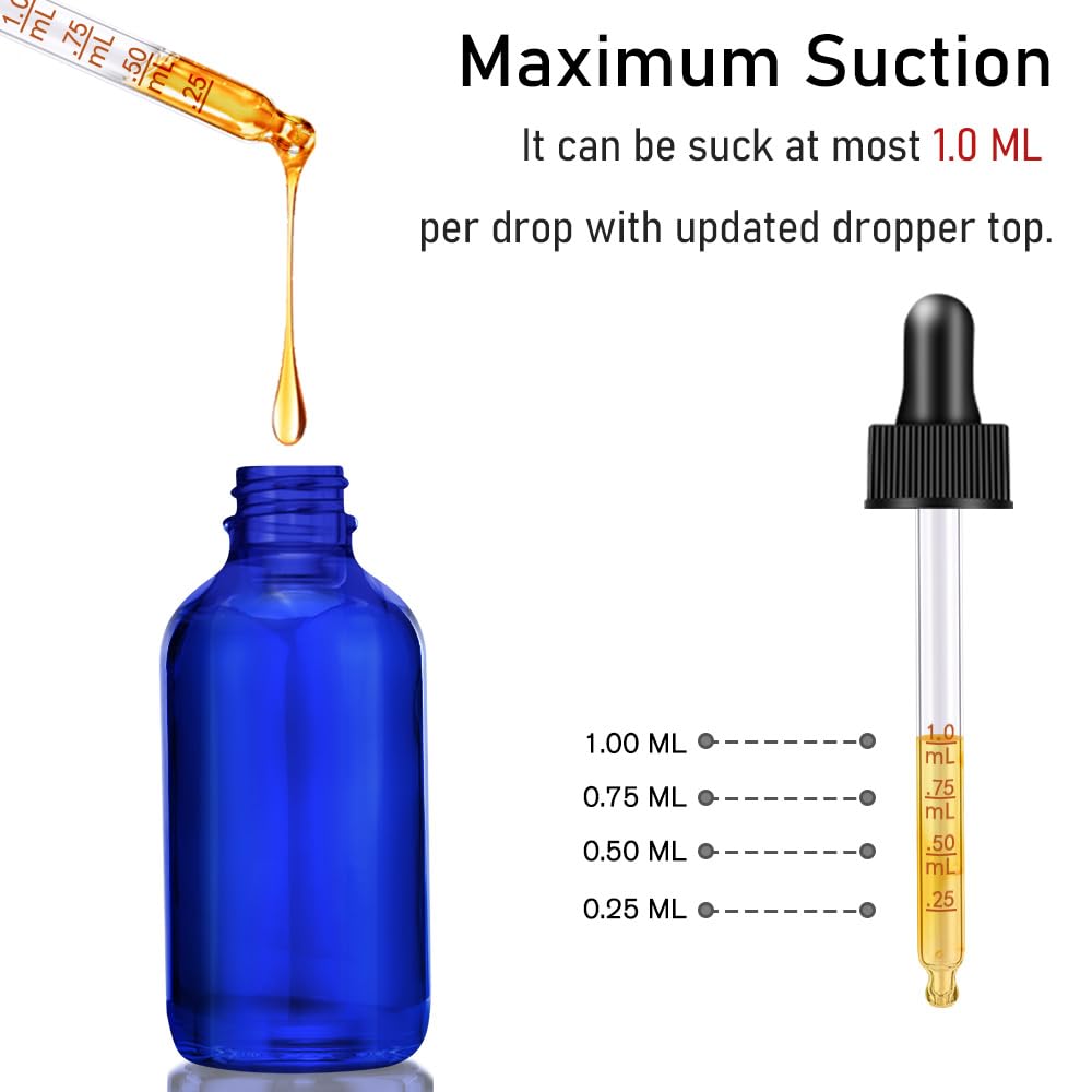 Bumobum Dropper Bottle 2 oz, 2 pack Blue Glass Eye Dropper Bottles with Labels and Funnel, Leakproof Tincture Bottles with Measured Dropper