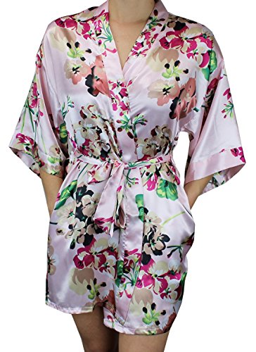 Ms Lovely Women's Floral Satin Bridesmaid Robe Short Kimono W/Pockets for Bridal Party - Light Pink M/L