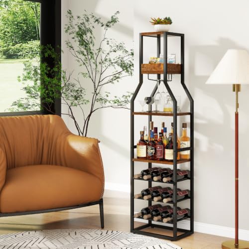 IBUYKE Wine Rack Floor,Bar Industrial Wine Bar,Brown TMJ916H | Wine Rack with Cup Holder Wine Rack for Living Room Kitchen Dining Room