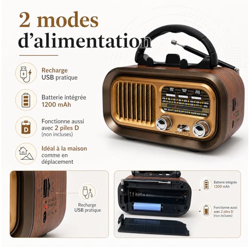 Portable Bluetooth AM/FM/SW Radio 1200mAh Rechargeable Vintage Radio with USB/TF Card/TWS, D Battery Operated Radio for Home, Garden, Camping and Elderly