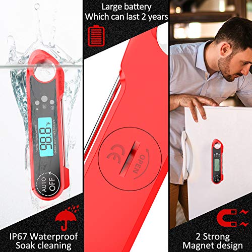 Meat Thermometer,Cuteadoy IP67 Waterproof Fast Folding Digital Instant Read Thermometer BBQ Thermometer with Calibration and Backlit Function Cooking Thermometer for Food,Milk,Grill,Bath (Red)