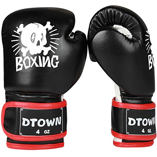 Dtown Kids Boxing Gloves 6oz Training Gloves for Youth Age 7 to 12 Years PU Leather (Black 02, 6 OZ)