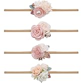 mligril Baby Girl Nylon Headbands Flower Hair Bows Accessories-Elastic Hair Band Crown Handmade FLoral Wraps Birthday Gifts for Girls Newborn Infant Toddler 4Pcs