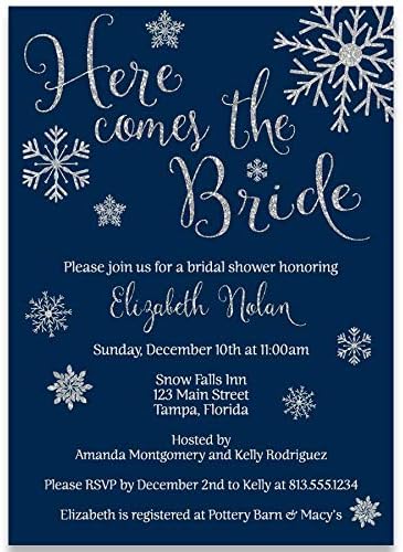 Bridal Shower Invitations, Here Comes The Bride, Winter, Wedding Shower Invites, Navy, Silver, Navy Blue, Personalized, 10 Pack Customized Invitations with White Envelopes