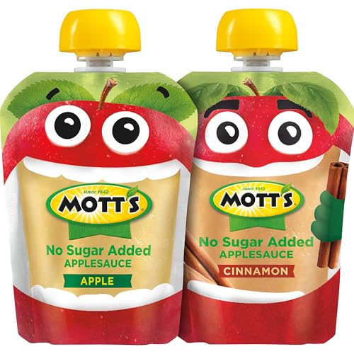 MOTT’S NO SUGAR ADDED APPLESAUCE VARIETY PACK, CINNAMON AND APPLE, MADE FROM REAL FRUIT, NO ARTIFICIAL FLAVORS, 3.2 OZ CLEAR POUCHES, 20 PACK