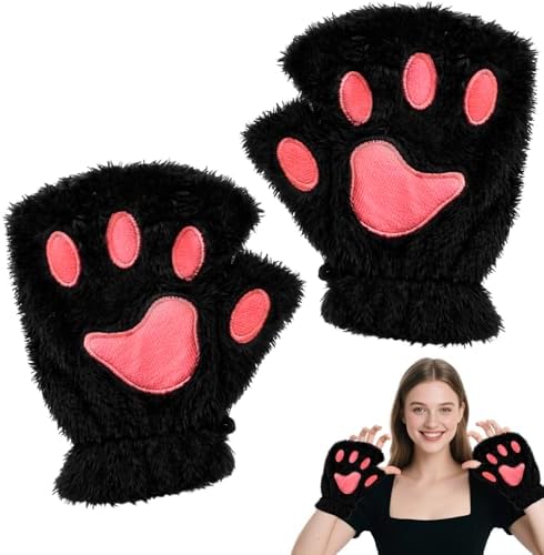 Guantes De Pata De Gato Sin Dedos – Peludos, Disfraz De Halloween, Navidad O Cosplay (gris Oscuro, Talla única)