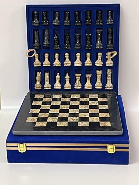 Photo 1 of ***MISSING PARTS*** NB 12-Inch Handcrafted Marble Chess Set with Blue Velvet Gift Box – Elegant Stone Chessboard with Full Set of Carved Chess Pieces (Black Coral)