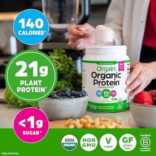Orgain Organic Vegan Protein Powder, Natural Unsweetened - 21g of Plant Protein, 4g Prebiotic Fiber, Low Net Carbs, No Lactose Ingredients, No Added Sugar, Non-GMO, For Shakes & Smoothies, 1.59 lb