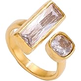 Cubic Zirconia Square Gold-Tone Statement Ring for Women Gold-Tone Plated Stainless Steel Adjustable Stackable Charm Geometric Open Band Wrap Finger Rings Comfort Fit Fashion Holiday Party Prom Jewelry