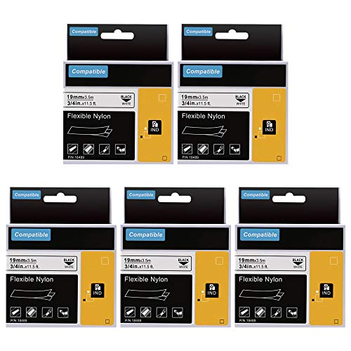 AOJE 5-Pack Equivalent Dymo Rhino 18489, White Flexible Nylon Label 3/4, Compatible with Dymo Labelwriter 450, Industrial Rhino Label Makers 4200, 5200, 6000