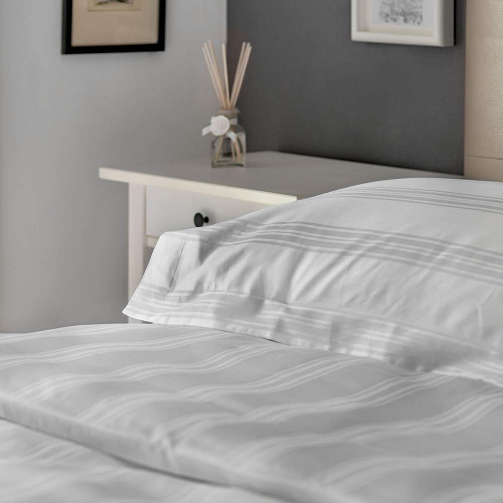 Heathcote - 100% Cotton 300 Thread Count Double Duvet Cover, 220x220 cm, White, Sateen Stripe, Luxury Bedding Made in Portugal