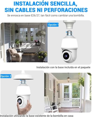 EASYTAO Camara Foco Camara de Seguridad Interior/Exterior 1080P, Camara WiFi IP66 Impermeable Base E26/ E27 con Seguimiento Automático, Visión Nocturna a Color, Audio Bidireccional, Funciona con Alexa