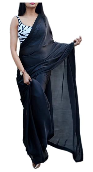 Womens Contemporary Black Color Satin Saree with Digital Printed Blouse