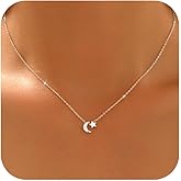925 Sterling Silver Crescent Necklace for Women, Dainty Moon Star Choker Chain Necklace to Daughter, 14k Gold Plated Moon and Star Charm Pendant Necklaces Jewelry Gift for Birthday Valentine's Day