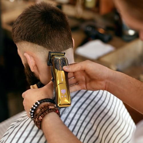 SUPRENT Men's Hair Clippers, Professional Cordless Hair Clippers with Adjustable Taper Lever and Ceramic Blade, Rechargeable, LED Display (Gold)