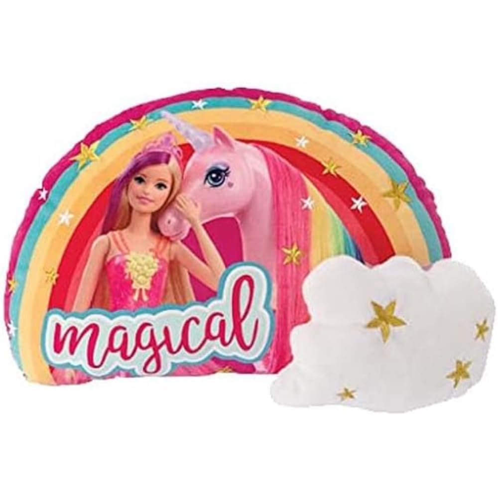Barbie - 2D Plush Heatable Characters Cushion - Magical Bright Rainbow Coloured Cuddle Cushion - Bedroom Accessory for 3 Years Old and Up