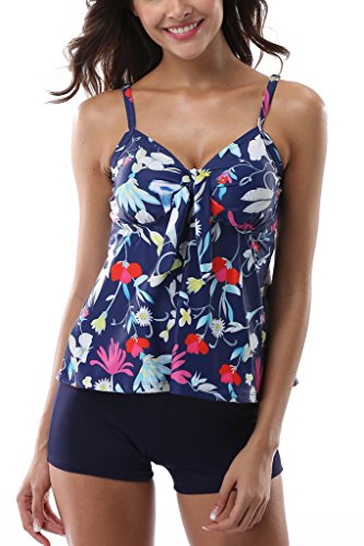 ALove Women's Floral Tankinis Sets with Boyshorts Two Piece Swimsuit Blue 10