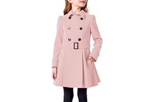 Haloumoning Girls Double Breasted Pea Coat Kids Winter Lapel Belted Wool Blend Coat Outerwear 5-14 Years