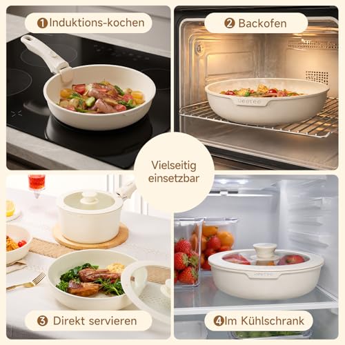 JEETEE Pot and Pan Sets with Removable Handle, 17-Piece Non-Stick Pan Set, Induction Pot Set, Cooking Pot Set with Lid and Knife, Compatible with All Cookers, PFOS/PFOA Free, Beige