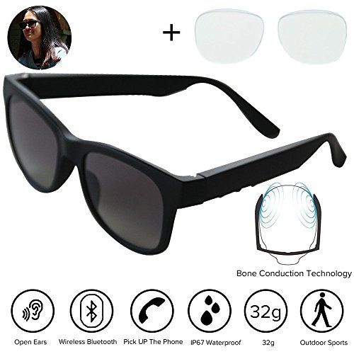 Bluetooth Wireless Waterproof Sport Bone Conduction Headphones Glasses Sunglasses Earphones Headset Hearing Aid Microphone Music Mp3 Player for Iphone HTC LG Samsung Android Windows (Gray)