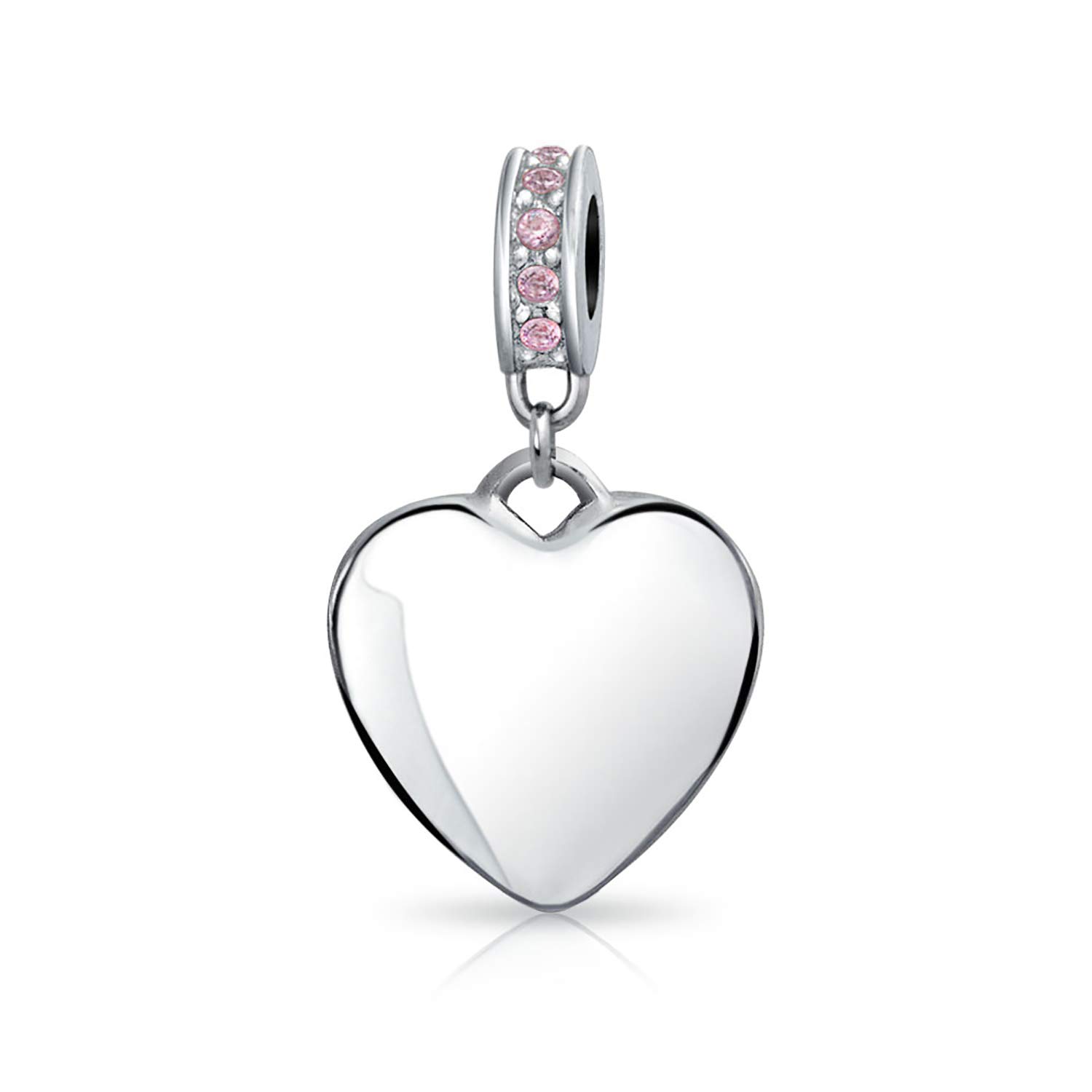 Bling Jewelry Personalized Engravable Initial Monogram Simulated Pink Tourmaline Crystal Accent Bale Heart Shape Dangle Bead Charm .925 Sterling Silver For Women Teen European Bracelet Customizable