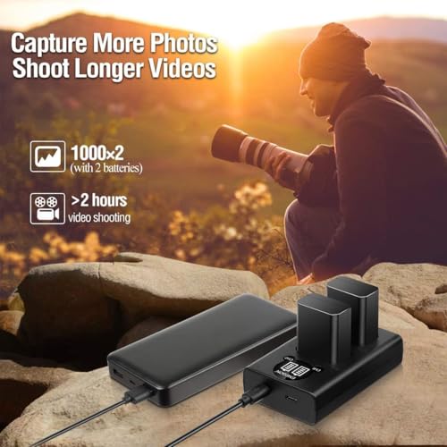 ENEGON Pack de 2 Baterías NP-FW50 y Cargador LCD para Sony ZV-E10, Alpha A6000, A6300, A6400, A6500, A5000, A5100, A7, A7II, A7R, A7RII, A7S, A7SII, RX10 II III NEX-3/5/7 Series