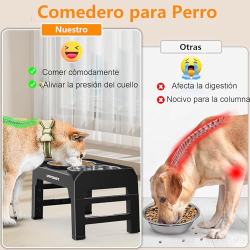 3PCS Comedero para Perro（Stainless steel bowl*2+Plato para Alimentación Lenta*1）, Cuenco Elevado para Perros,Soporte Elevado para Cuencospara Perros y Mascotas pequeños, medianos y Grandes(Negro)