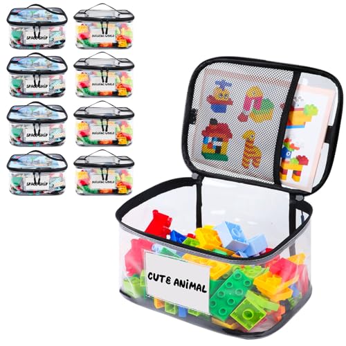 Tesuko 8 Pack Clear Toy Storage Bag with Name Tag& Manual Pocket, Waterproof Transparent PVC Toy Organizer Case for Lego Bricks, Board Games, Building Blocks, Puzzles (Large Capacity, Black)