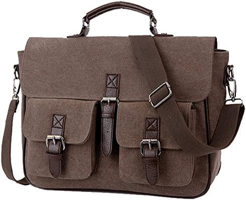 Classic Men's Vintage Canvas and Satchel School Military Shoulder Bag Messenger bag for Notebook Laptop Macbook and iPad ,14-inch Laptop Briefcase 14”(L)x11.5”(H) x 4.3”(W)(coffee