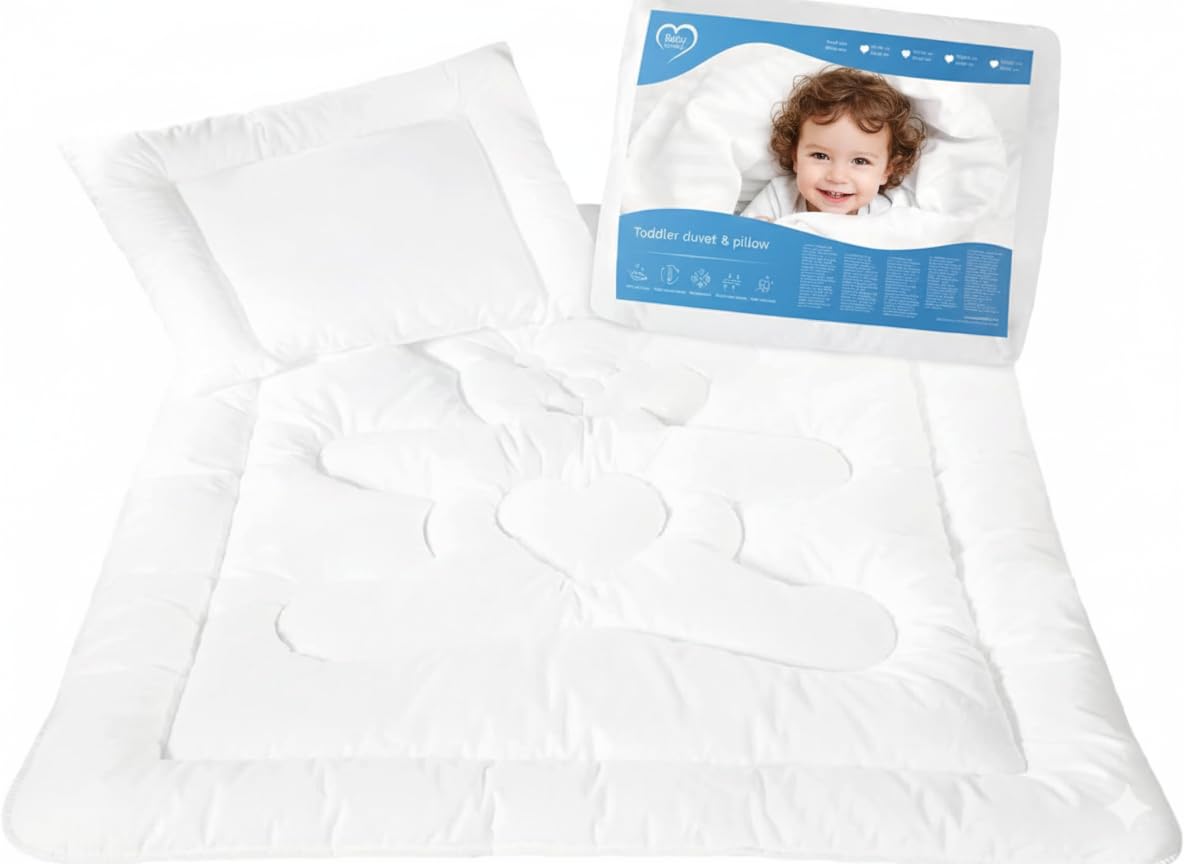 Baby Comfort Junior Toddler Cot Bed Duvet & Flat Pillow Filling Set 150x120 cm All Seasonal White Bear Design 12M+