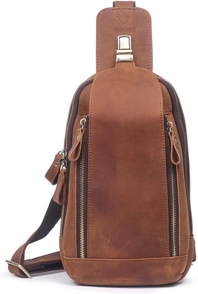 vintage Men's real Leather chest bag Business Casual Outdoor Sling Bag (Style 27 - Brown)