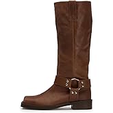 FIFSY Women's Knee High Boots Square Toe Riding Boots Motorcycle Buckle Booties, Dark Brown US 8