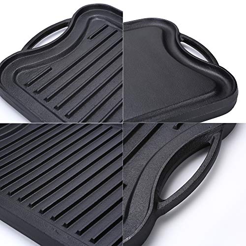 Cast Iron Griddle (20" by 10"), Reversible, Pre-Seasoned, Grill and Griddle Combo, BBQ, Campfire, fits over two stovetop burners