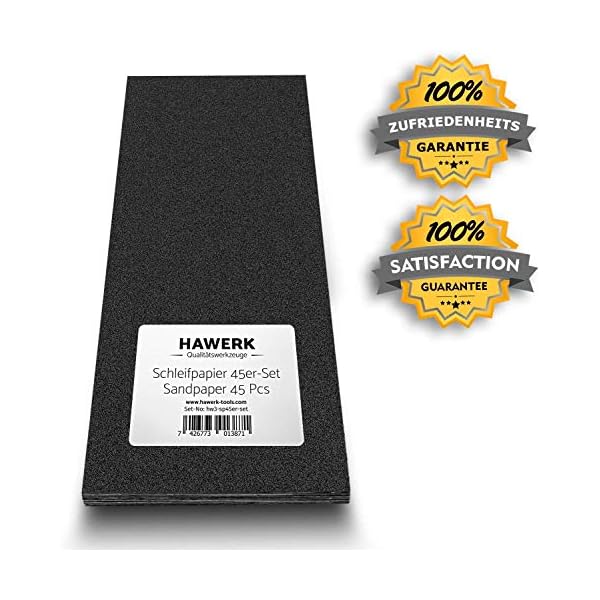 HAWERK Profi Schleifpapier Set | 80-3000 KÃ¶rnung, 45 StÃ¼ck | Nass und Trocken | Schleifpapier fÃ¼r Holz, Metall, Auto, Lack, HolzmÃ¶bel, Stein, Lack, Glas | Nassschleifpapier, Sandpapier Set – Bild 8
