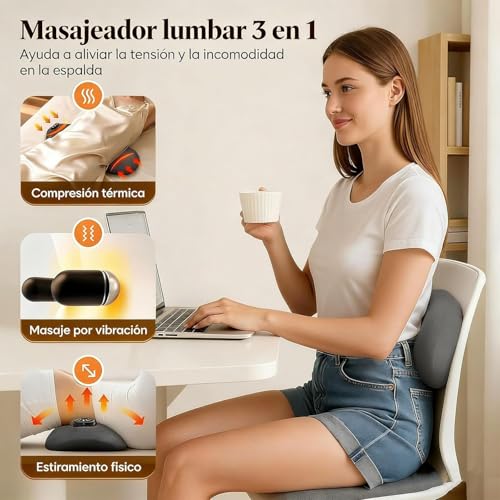 Smooth Triple Fusion Back Massager - 3-in-1 Traction, Masajeador Terapia de Triple Fusion, Vibration & Heat for Pain Relief in Neck, Shoulder, Lower Back & Sciatica, Adjustable (Gris Oscuro)