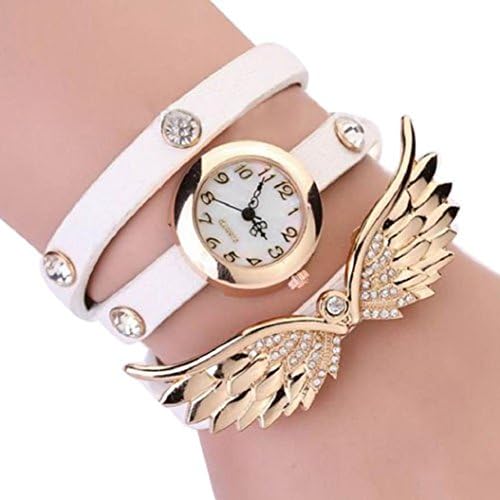 Duoya Women's Vintage Angel Wings Pendant Rhinestone Leather Bracelet Quartz Wrist Watch -White