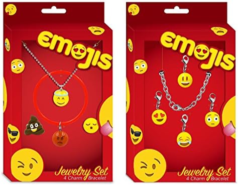 Emojis Jewelry Sets (2 &amp; 3 Packs) with Interchangeable Charm Bracelets, Rings, and Pendants Perfect for Holiday Gifts (4 Charm Bracelet: Smiley, Heart Eyes, Laughing, Shocked + Jewlery Set: Angel, Angry, Poop, Sleepy)