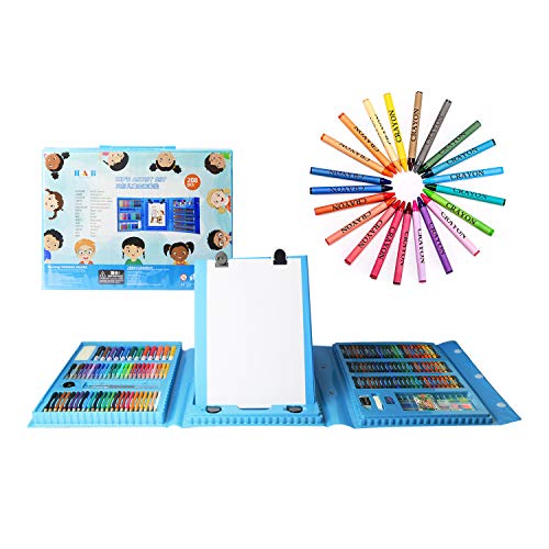 H & B Kids Art Supplies 208-Piece Painting & Drawing Case, Portable Art Box, Oil Pastels, Crayons, Colored Pencils, Markers, Great Gift for Kids 3-12, Teens, Beginners, Blue