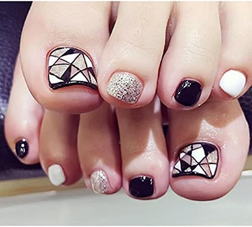 Dongcrystal 24 PCS Bling Black and White Triangle Geometry Fake Toe Short False Nails Artificial Nail for Toe