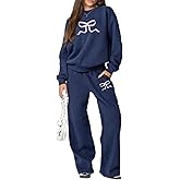 Pivanzore 2 Piece Lounge Sets for Women Fall Sweatsuit Bow Print Long Sleeve Crew Neck Wide Leg Sweatpants Matching Tracksuit