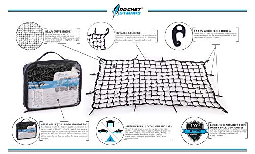 Rocket Straps Bungee Cord Cargo Net | 22"x38" Roof Rack Net | Trunk Organizer Net Mesh is Heavy Duty 5mm Thick 2"x2" | No Gaps Securing Cargo Nets to Rooftop Carrier, Roof Rack, Cargo Hitch, SUV