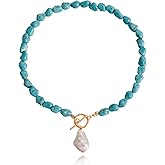 Chunky Turquoise Beaded Necklace for Women Blue Bead Baroque Pearl Pendant Necklace Colorful Beaded Choker Necklace Gold Toggle Natural Stone Jewelry Accessories