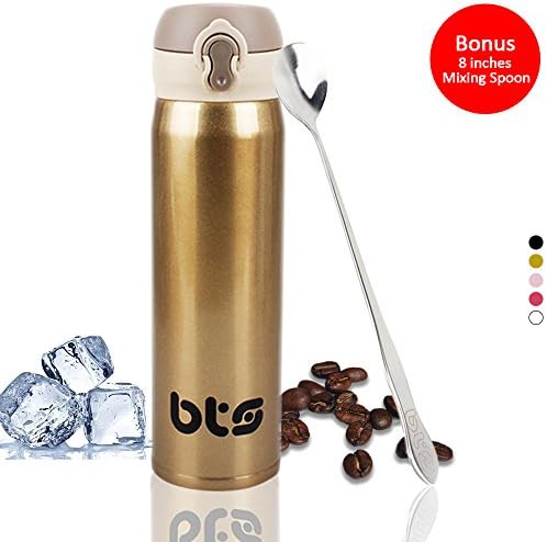 BTS Stainless Steel Travel Coffee Mug with Mixing Spoon - Dishwasher Safe Leak &amp; Sweat Proof Double Wall Vacuum Insulated BPA Free Water Bottle Thermos 17 Oz (Gold)