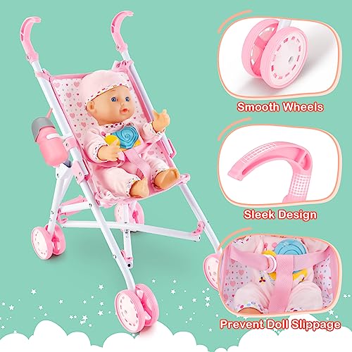 DeAO 17pcs Baby Stroller Toys with 33 cm Dolls Bag 2 Clothes for Dolls | Dolls Trolley with Quiet Wheels, Lightweight and Stable, Role Play for Children with Feeding and Baby Bottles for Dolls